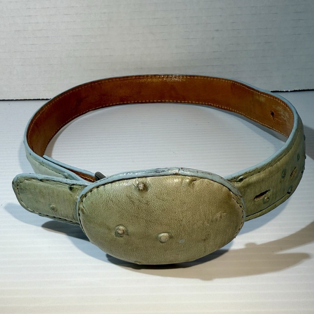 RARE! Full Quill Ostrich Western Cowboy Belt &Buckle Rodeo Bravo Kid Sz Lt Green